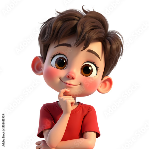 A cartoon boy with brown hair and big eyes wearing a red shirt and thinking with his hand on his chin isolated on transparent background
