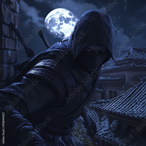 A shadowy figure, cloaked in darkness, stands vigilant in a moonlit Asian village.