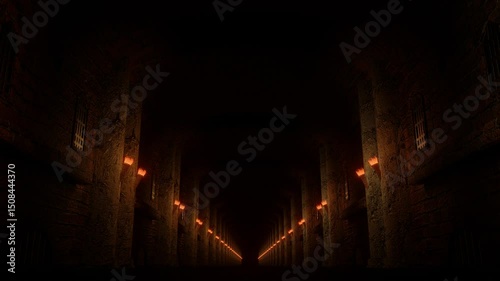camera fly forward inside dark gloomy corridor of stone fortress with torches on walls. 3d render. looped animation