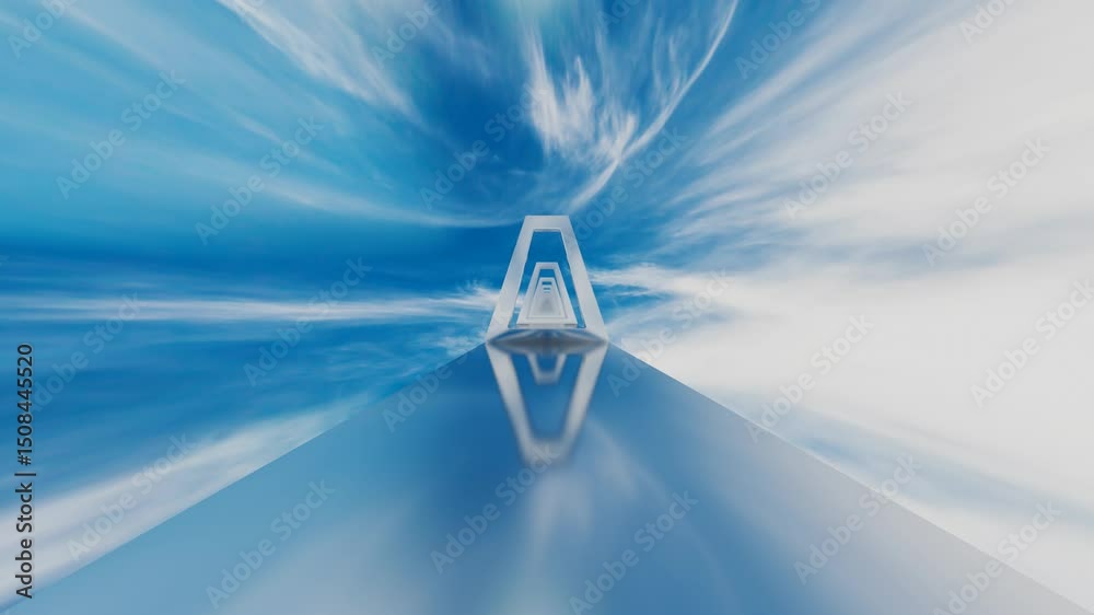 camera flyby inside endless tunnel of trapezoid frames against blue sky with white clouds. 3d render. looped animation