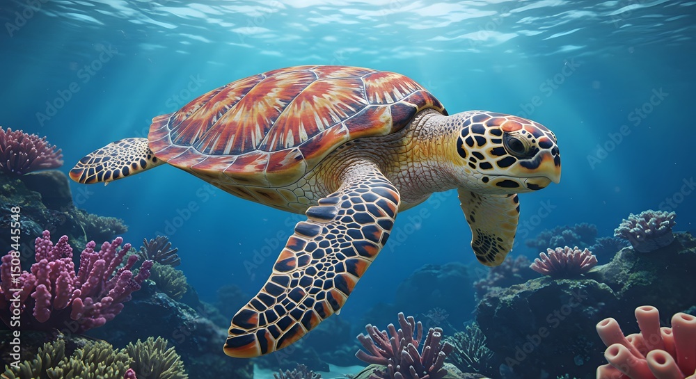 Fototapeta premium Majestic Hawksbill Sea Turtle Gracefully Navigating Vibrant Coral Reef