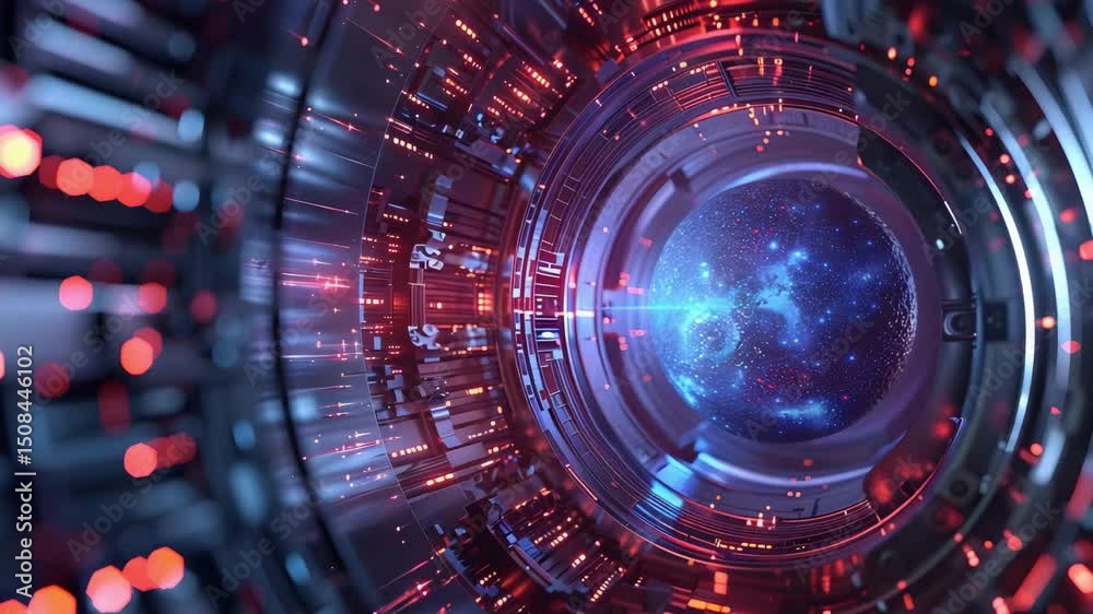 Futuristic space tunnel with glowing red lights, stars, and galaxy, showcasing advanced technology and vibrant sci fi light exploration