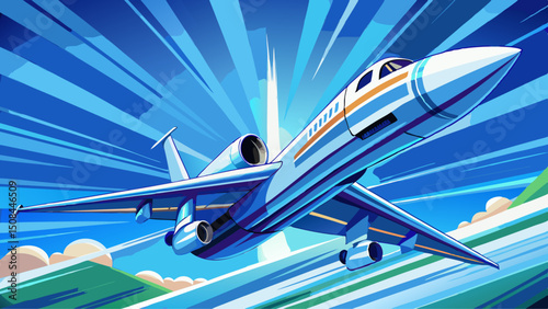 Looking upward, a large jet aeroplane soars gracefully through the vivid blue sky, capturing the essence of aviation, travel, freedom, technology, and modern transportation in a dynamic white backgrou