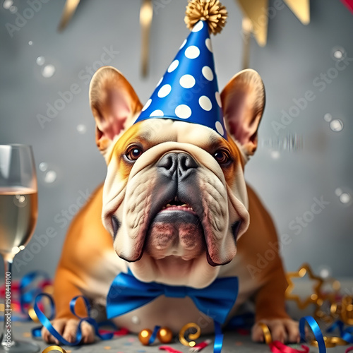 Robust Bulldog in royal blue polka dot party hat, surrounded by champagne bubbles and party decorations, comedic celebration vibes