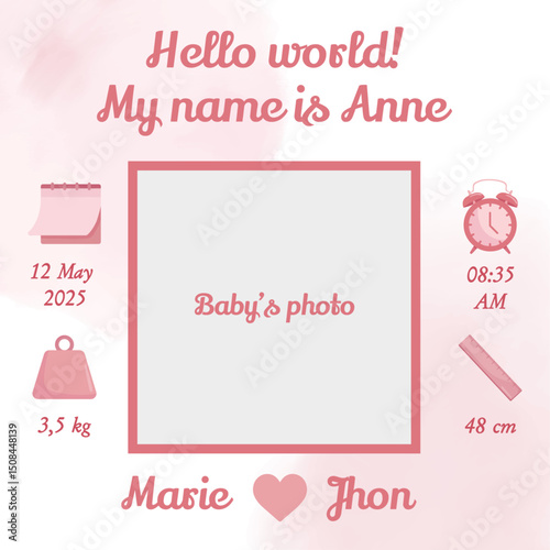 Hello world baby photo frame with birth details Nursey pink poster