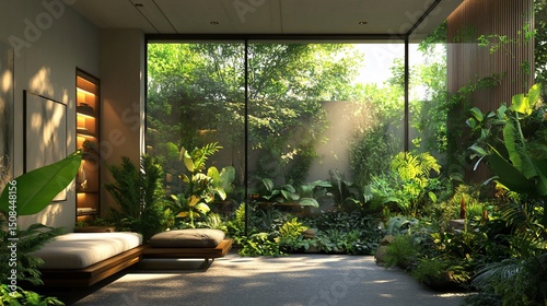 Indoor tropical garden room showcasing lush greenery and natural light