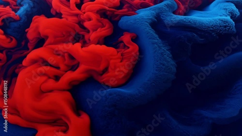 Vibrant red and blue paint creates mesmerizing swirling patterns with fluid motion forming abstract artistic color mixing and dynamic movement