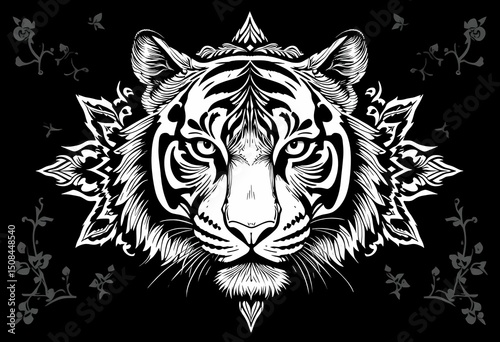 Tiger face in symmetrical composition, tribal mandala pattern, sharp white lines, black background coloring art for adults.