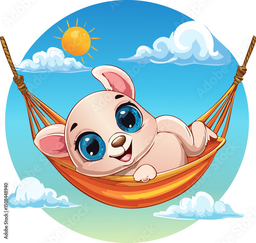 Smiling Cartoon Creature with Big Eyes in a Hammock