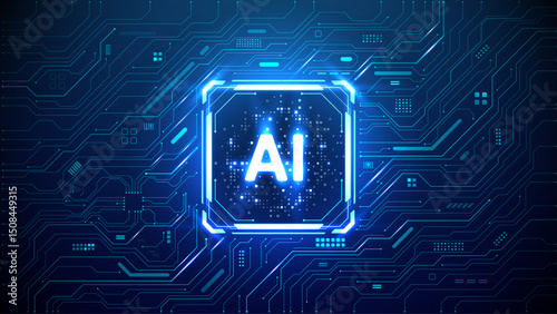 Digital AI quantum chip in a square light neon HUD frame on circuit board tech background. Futuristic AI semiconductor concept. Abstract artificial intelligence processor with lightning elements. 