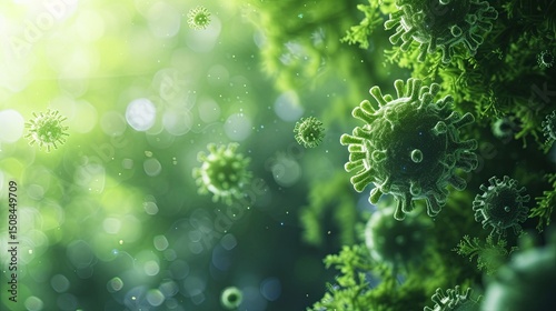 Close up of green microbes, molecules, viruses and bacteria