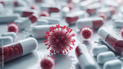 Close up of the red virus and white capsules. The concept of creating a cure for viruses