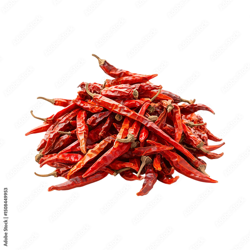 Fototapeta premium Dried Cayenne Peppers Pile Isolated on Transparent Background PNG