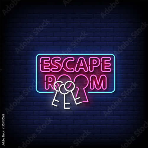 escape room neon sign with brick wall background vector