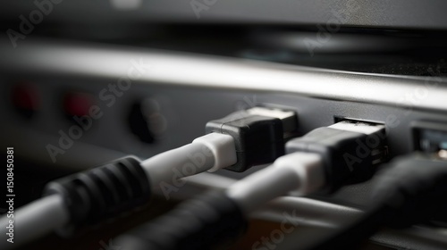 A close-up of a computer network switch with multiple Ethernet cables plugged into it.