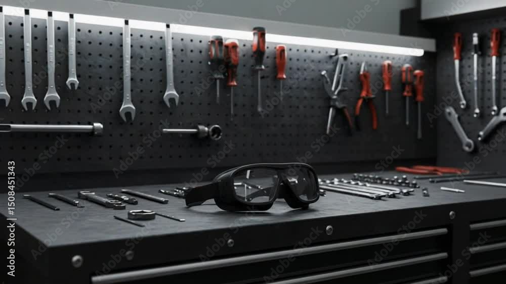 Mechanic's workbench with safety glasses and tools in a workshop