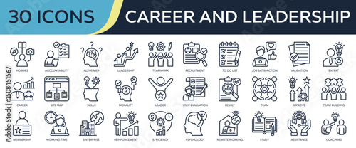 Collection of Career And Leadership icons, related to Leadership, career, efficiency, team, job satisfaction and more. Outline icons vector illustation.