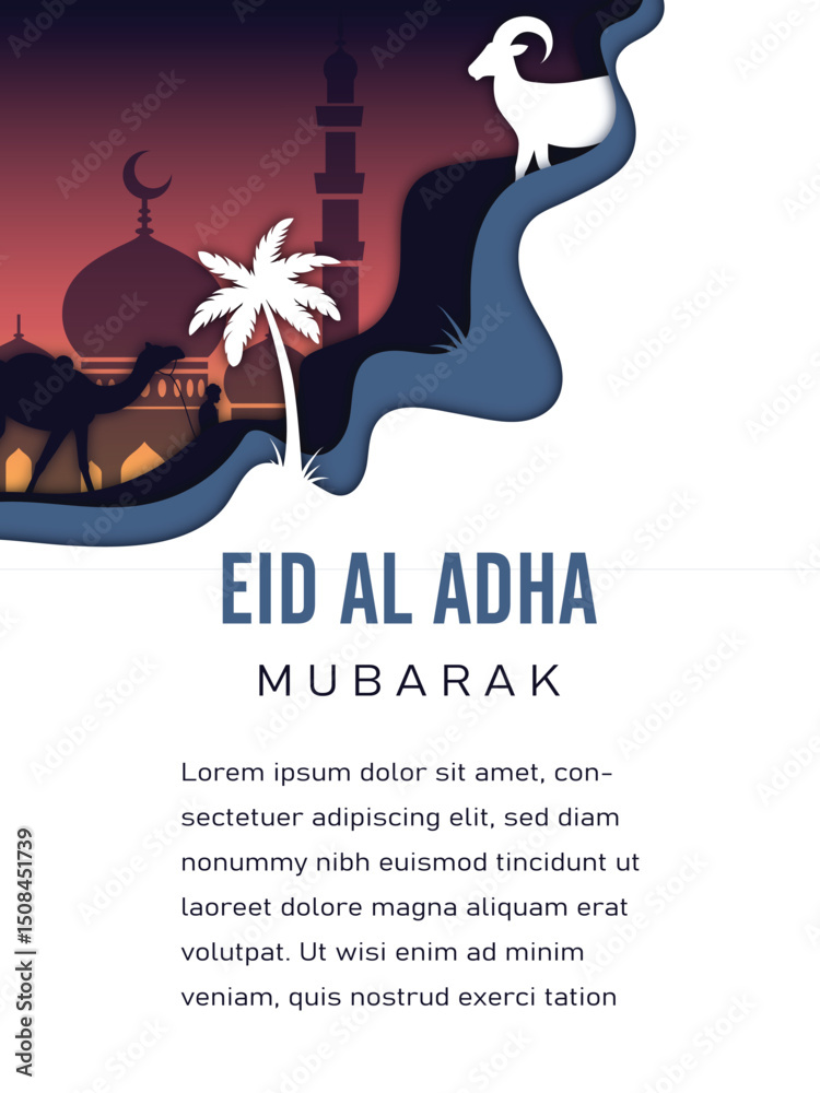 Fototapeta premium Eid al adha greeting card. Paper cut vector illustration design.