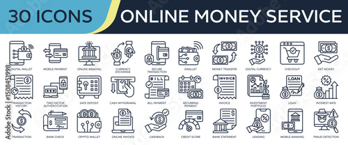 Collection of Online Money Service icons, related to digital wallet, mobile payment, online banking, money transfer, bank statement and more. Outline icons vector illustation.