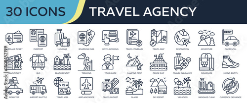 Collection of Travel Agency icons, related to airplane ticket, holidays, vacation, adventure, Travel insurance and more. Outline icons vector illustation.