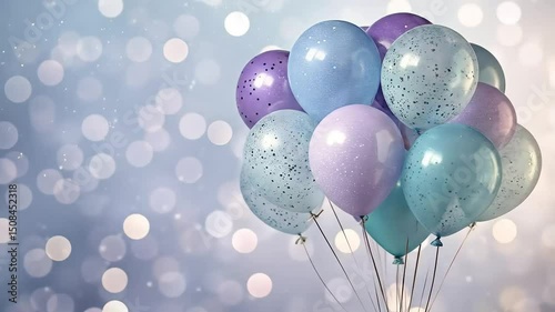 A bunch of pastel balloons floats on a bokeh background celebrating joy and festivity with a magical