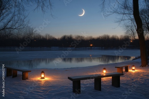 Lantern-lit benches arranged around a frozen lake glowing under the light of a crescent moon, Generative AI