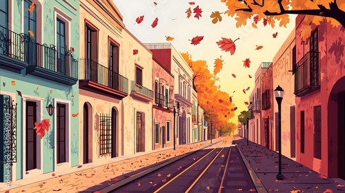 Autumnal street scene with falling leaves.