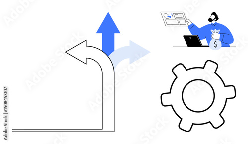 Growth path with upward arrows, gear for process optimization, person managing finance and analytics. Ideal for finance, success, management, strategy, decision-making, productivity optimization