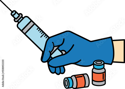 A hand holding a syringe and two vials of botox
