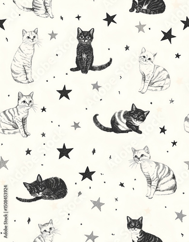 Adorable Cartoon Cats and Stars for Nursery Fabric