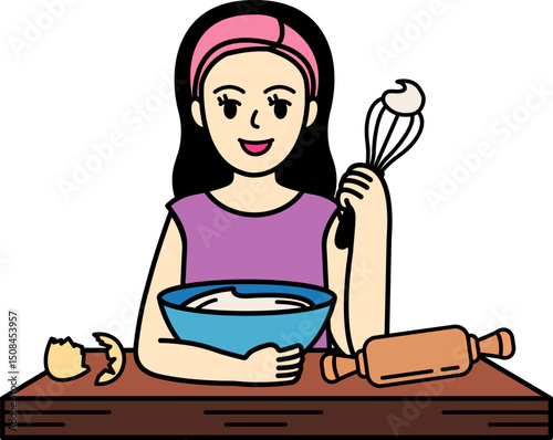 A girl making a cake and smiling