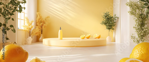 Background lemon podium product fruit platform cosmetic scene display citrus yellow Podium lemon vit
