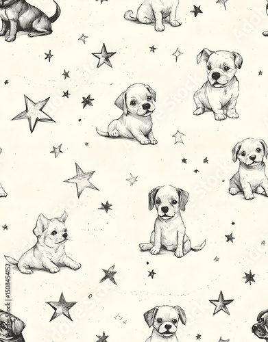 Soft and Cozy Dog Illustration for Children’s Products Pencil Sketch Seamless Wallpaper