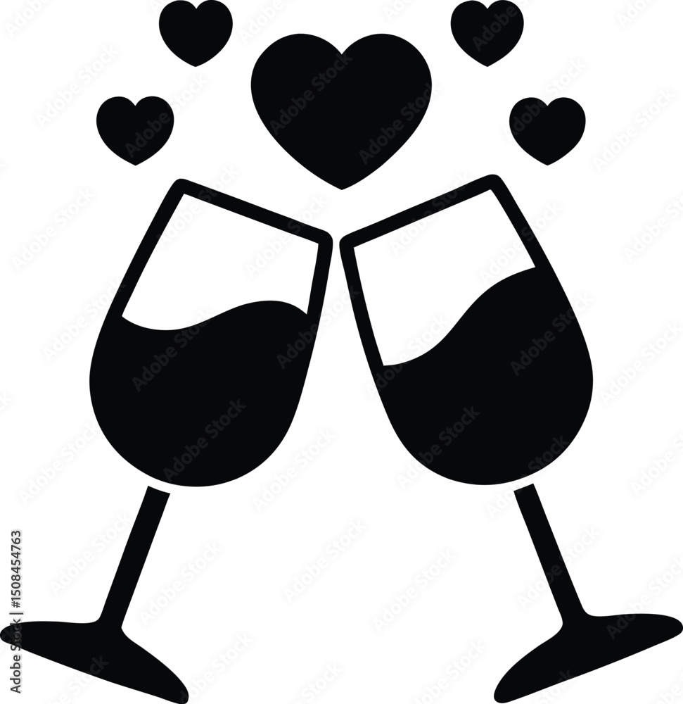 Célébration d'un amour rouge avec un verre de vin ou de champagne, illustration vectorielle d'un cœur pour la