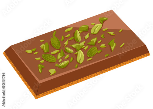 Layered Dubai chocolate bar with crunchy cookie bottom and pistachio top. Vector cartoon hand drawn dessert illustration. For sweet product design, menu graphics, packaging, stickers, promo visuals