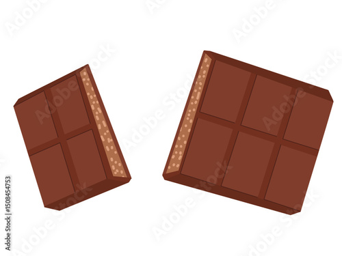 Chocolate bar split open with nuts inside. Cartoon vector treat in broken form. For stickers, shop displays, dessert posters, menu layouts, sweet product designs, visuals