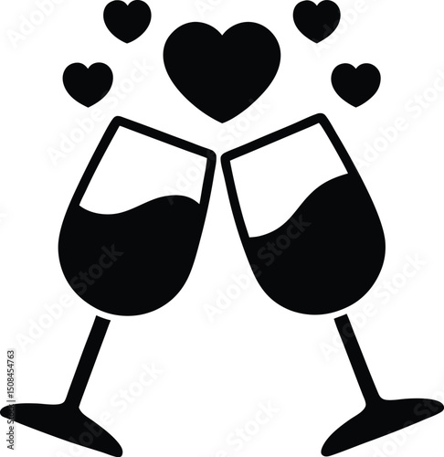 Célébration d'un amour rouge avec un verre de vin ou de champagne, illustration vectorielle d'un cœur pour la