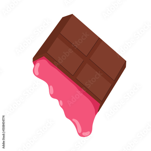 Melted raspberry yogurt dripping from cracked chocolate bar. Vector cartoon hand drawn illustration of homemade sweets. For packaging, menu, recipe cards, product visuals, stickers, web