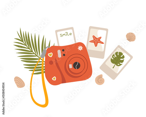 Pink instant camera device with photo, palm leaf and sea shells. Photography cute camera hand drawn trendy flat  vector illustration on white background. Summer vacation, journey or trip elements.