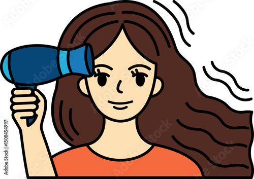 a woman blowing hair with hair dryer