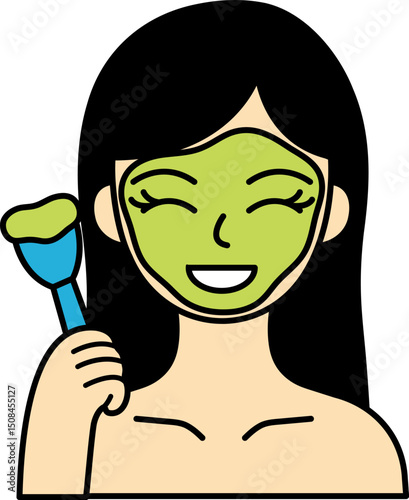A woman is applying a green tea facial mask
