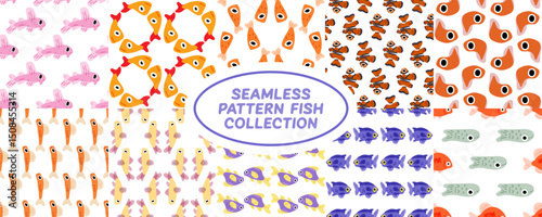 Funny Seamless Cartoon Fish Patterns — collection of colorful seamless patterns with various cartoon fish in flat style. Playful underwater-themed backgrounds with different species and colors.
