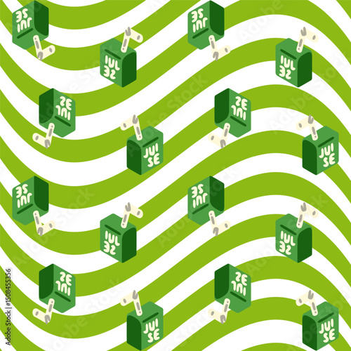 Seamless Green Juice Box Pattern. Cartoon green juice boxes with straws on wavy striped background. Seamless pattern in flat style with playful summer vibe.