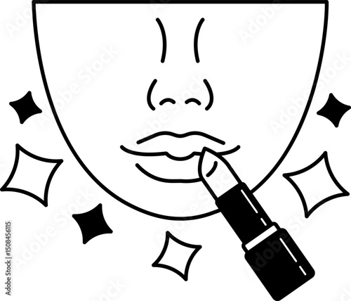 black and white illustration a woman putting on lipstick