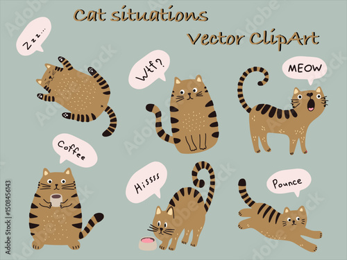 Funny Cat Situations Vector Clip Art Set. Cute Hand Drawn Kitten Characters