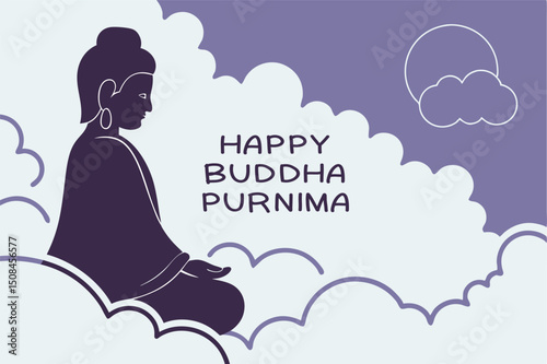 Silhouette of meditating Buddha surrounded by clouds with "Happy Buddha Purnima" text, symbolizing peace, spirituality, and enlightenment.