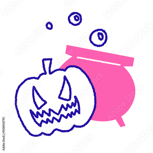 Evil pumpkin and cauldron with bubbles