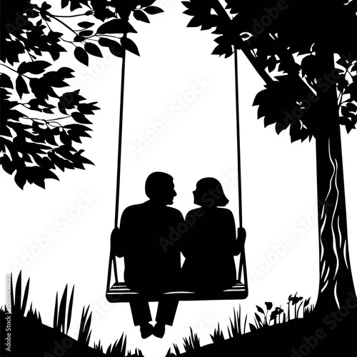 silhouette of elderly couple sitting on swing