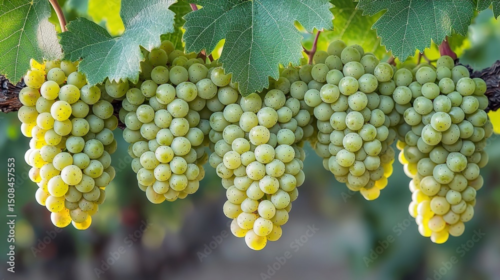 Fototapeta premium Bunch of Green Grape with leaves isolated on white background, Sweet Green Grape on a branch on white HD 8k wallpaper photographic image