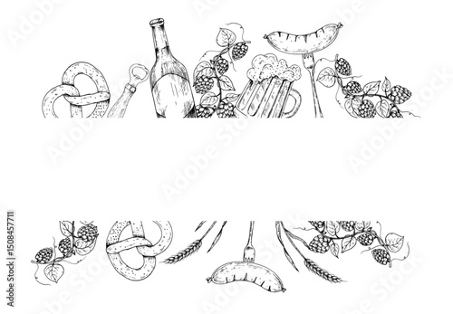 Vector grilled sausage on fork frame, logo, menu, template. Bavarian pretzel, common hop, Brezel with salt. Graphic German bottle of beer, bratwurst illustration isolated on background. Hand drawn